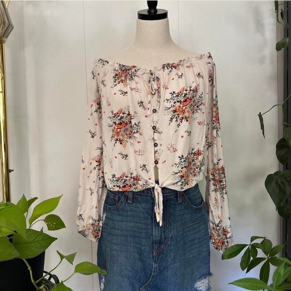 Xhilaration Cream Floral Tie Front Off Shoulder Boho Blouse Large